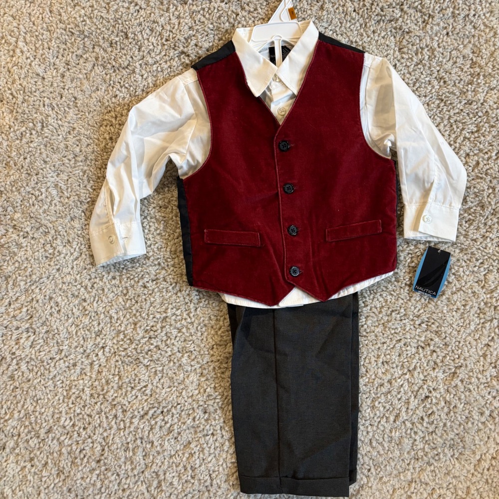 NEW Nautica 4-Piece Suit Set Toddler Boy 3T Red Velvet Vest White Shirt Grey - Picture 1 of 8